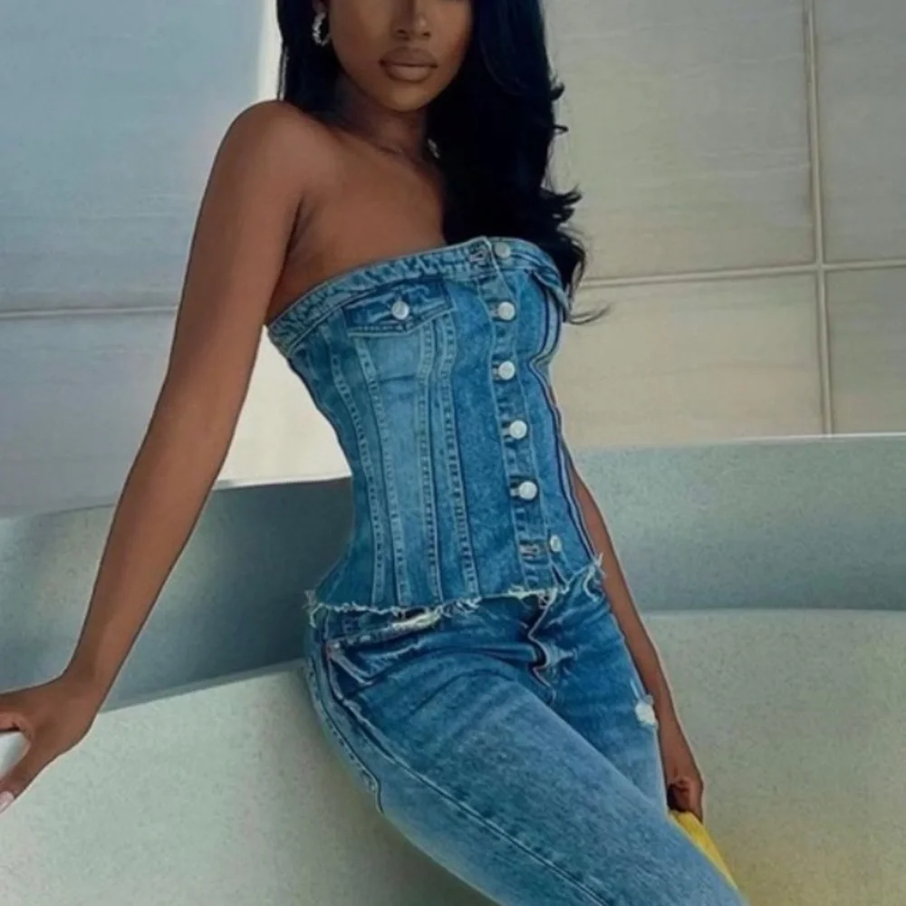 Zara strapless blue denim top NWT bloggers favorite